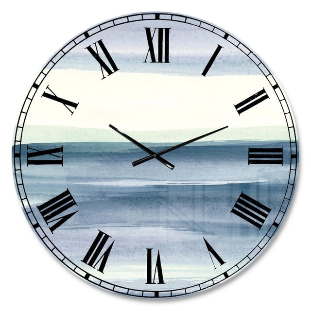 Designart « Aube Indigo Menthe I » Horloge Murale Style Ferme de Forme Ronde, avec des Rayures Aquarelle Horizontales en Menthe et Bleu Indigo, des Chiffres Romains Noirs et des Aiguilles Noires sur un Cadran en Aluminium Lustré, Prête à Accrocher avec Pile Incluse.