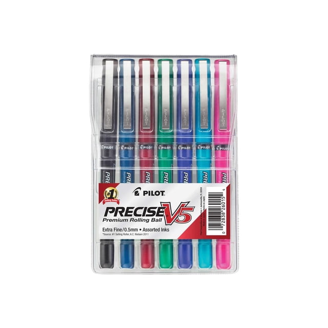 Precise V5 Roller Ball Stick Pen, Precision Point, Assorted Ink, .5mm, 7/Pack