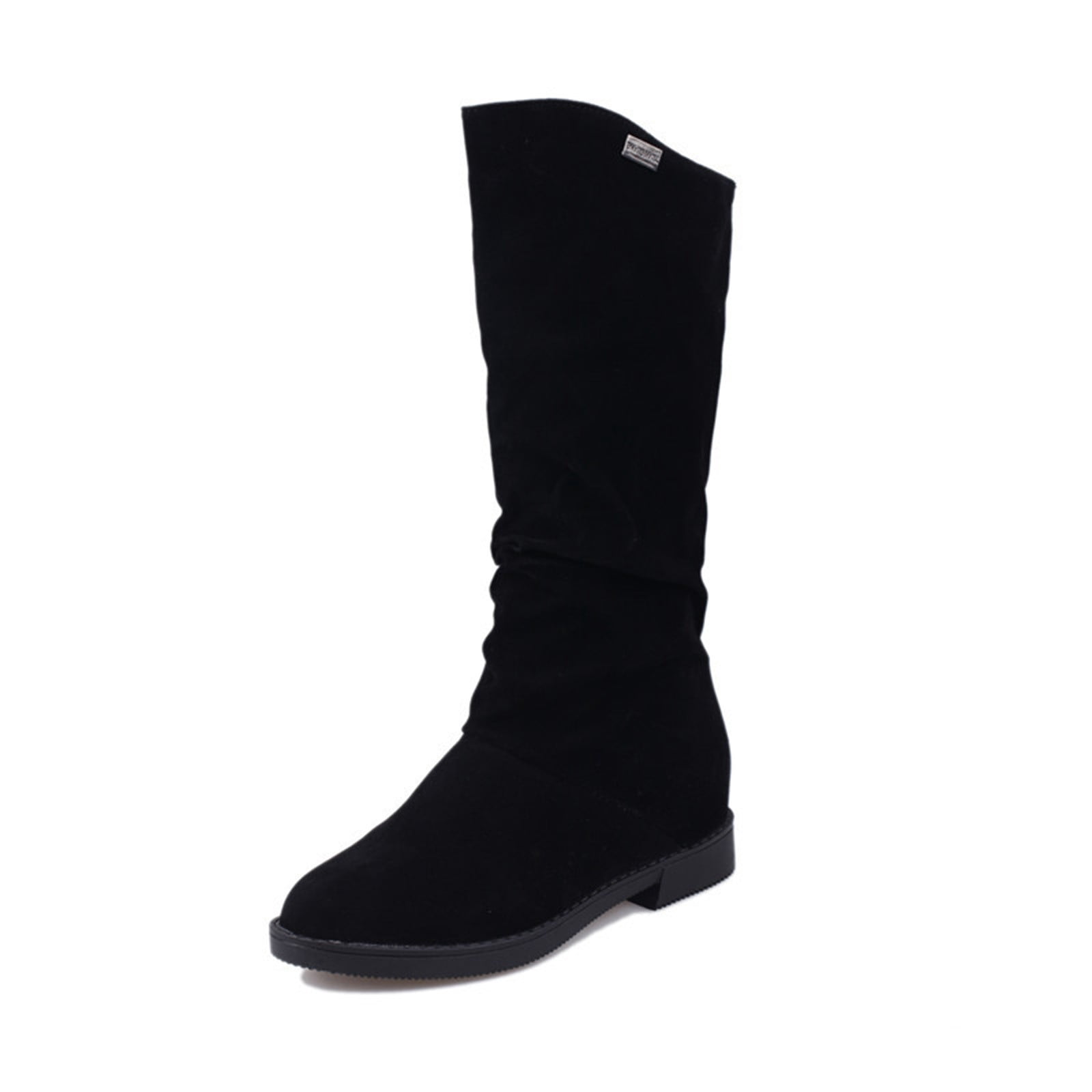 Liquidation d'Économies d'Hiver! PEZHADA Bottes Mi-Mollet pour Femmes,Bottes pour Femmes,Bottes Rondes à Talon Bas en Suède Rétro Uni Chaud pour Femmes Chaussures Noir