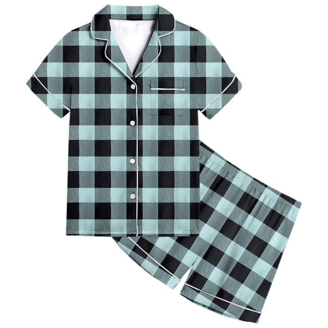 MIASHUI Pyjama pour Enfants Filles Garçons, Doux et Confortable, à Carreaux, Ensemble de 2 Pcs, Vert Pâle, 10-11 Ans