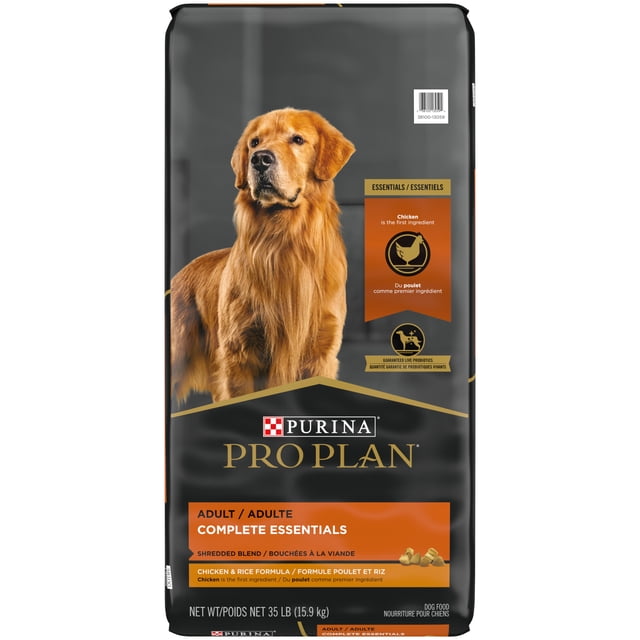 Purina Pro Plan Complete Essentials Shredded Blend Chicken & Rice dry dog food bag showing a golden retriever on black and orange packaging, featuring real chicken as the first ingredient, shredded blend texture, and guaranteed live probiotics for digestive health.