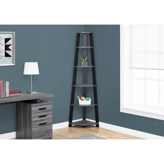 Monarch Specialties Inc Monarch Specialties Bookcase - Cappuccino, 72"H corner ladder shelf with five grey wood tray-style shelves and black frame, placed in a room corner beside a grey wood office desk with drawers, holding books, a plant, and decor items, suitable for maximizing corner storage space.
