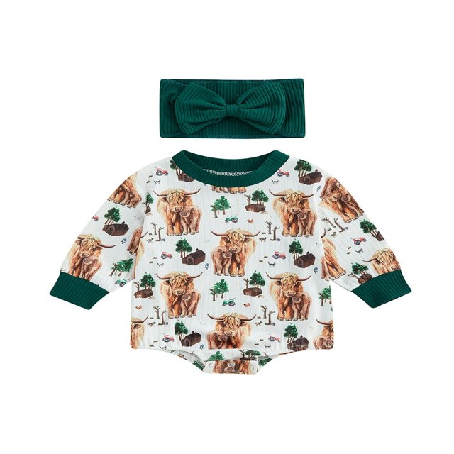 Combinaisons Bébé Fille Ensemble Animal Imprimé Manches Longues Tour de Cou et Bandeau