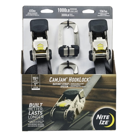 Nite Ize CamJam HookLock Ratchet Strap System - Adjustable, Heavy-Duty Tie Down Straps - Cargo Attachment with Spring-Actuated Hooks - Includes Ratchets, Hooks, Webb