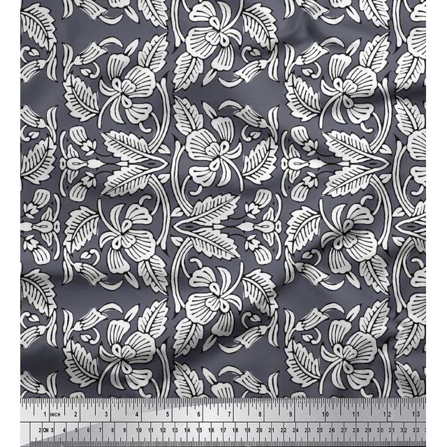 Soimoi Rayon Crepe Fabric Leaves & Floral Block Fabric Prints by Yard 46 Inch Wide