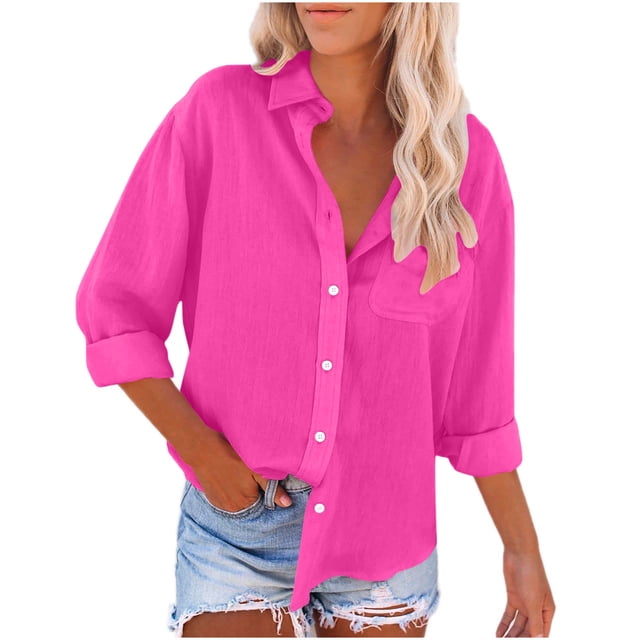 Timegard Chemises Boutonnées pour Femmes en Coton et Lin, Blouse à Col à Revers, Légère, Automne, Décontractée, Ample
