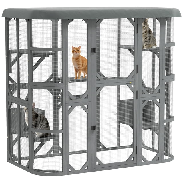 PawHut Enclos Extérieur pour Chat Catio, Maison pour Chat en Bois de 71 Pouces avec 2 Condos