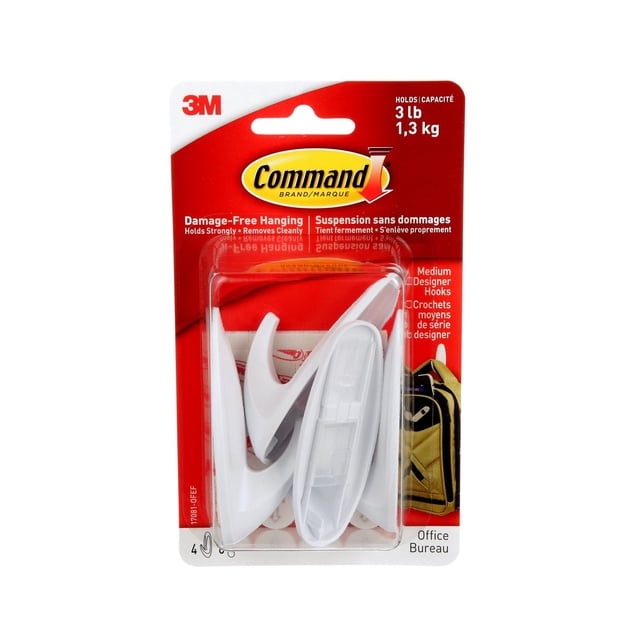 CommandTM Crochets de Designer 17081-OFEF, Moyen, Crochets en Plastique Blancs en Emballage blister Transparent sur Carte de Marque Rouge et Blanche 3 m, Supporte jusqu'à 3 lb (1,3 kg) pour une Suspension Sans Dommages à la Maison Ou au Bureau, Comprend 2 Crochets et 4 Bandes de Recharge, Convient pour Organiser des Manteaux Ou des Sacs.