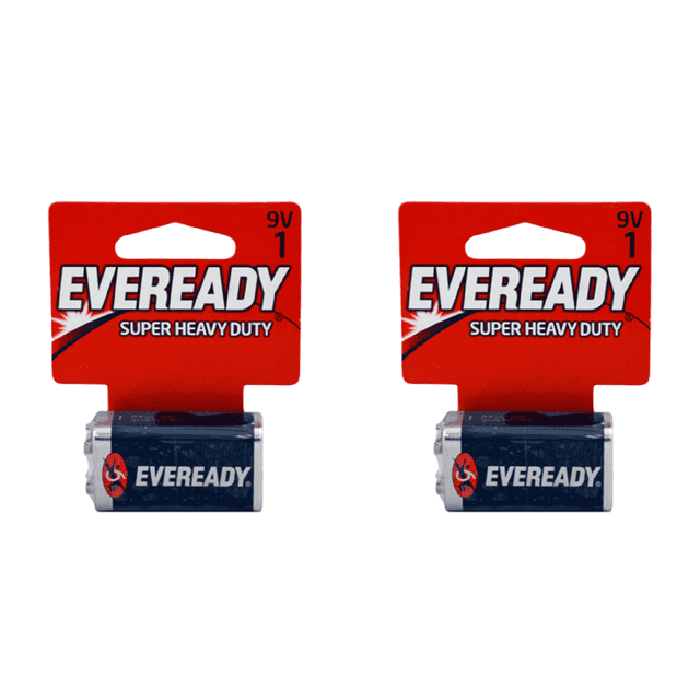 Piles au Zinc-Carbone Eveready Super Robustes 9V 1, Lot de 2, Deux Blocs Rectangulaires de Pile au Zinc-Carbone Eveready 9 Volts Montrés Orientés vers l'Avant avec Bornes à Pression en Métal et Étiquettes Eveready Rouge-Noir, Dessus Métallique Mat, Convenant aux microphones Sans Fil, radios Portatives Ou Lampes de Poche et Appareils Jouets.