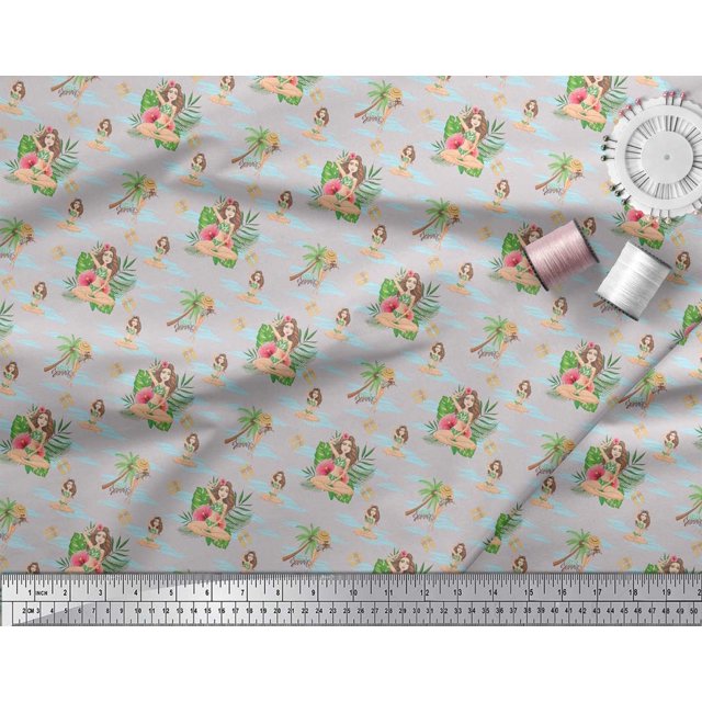 Soimoi Gray polyester Crepe Fabric Palm Tree & Girl Beach Print Fabric by Yard 42 Inch Wide