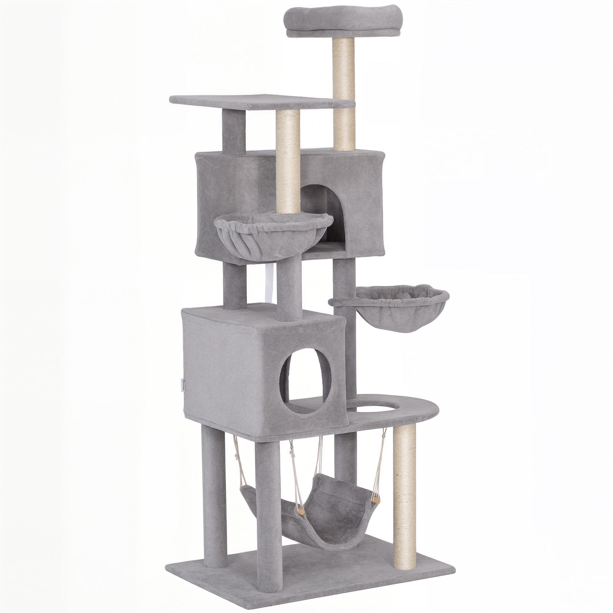 CoSoTower 66 Inch Large Cat Tree with 2 Door Condos, 3 Big Hammocks, Plush Top Perch, Sisal Scratching Posts, Light Grey
