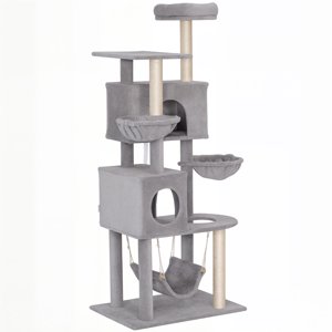 CoSoTower 66 Inch Large Cat Tree with 2 Door Condos, 3 Big Hammocks, Plush Top Perch, Sisal Scratching Posts, Light Grey