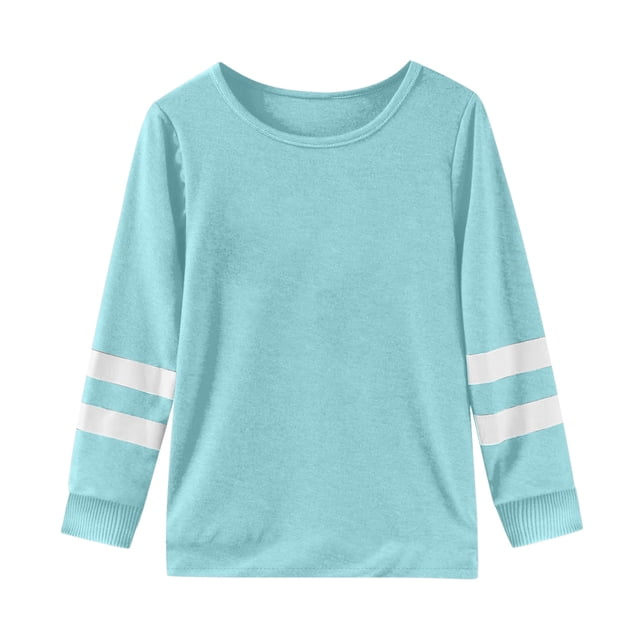 WEIYLL T-Shirts à Manches Longues pour Filles, Poignets, Col Ras du Cou, Patchwork, Hauts de Sport Chauds et Doux pour 7-8 Ans. un T-shirt à Manches Longues Bleu Pâle avec des Rayures Patchwork Blanches sur les Poignets, Présentant un design à Col Ras du Cou. Fait de 95 % polyester, Il Est Doux, Respirant et Convient aux Peaux Délicates. Idéal pour les Tenues Décontractées, les Activités de Plein Air Ou l'École, et Facile à Agencer avec des Jupes Ou des Pantalons. Offert en Diverses Tailles pour Filles de 2 à 9 Ans