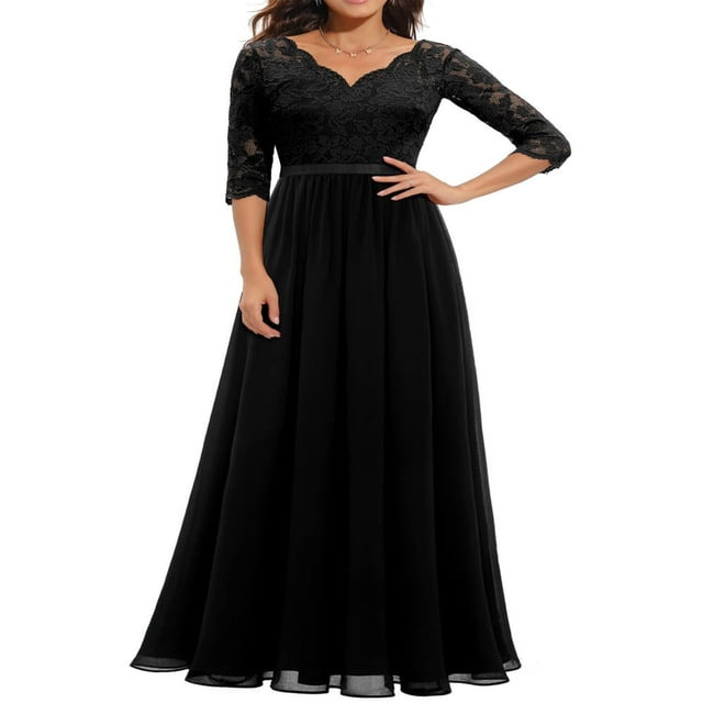 Robe Longue en Dentelle pour Femmes Manches 3/4 Col en V Dos Nu Fermeture Éclair Robe de Soirée de Mariage