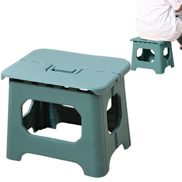 Foldable Stool for Shower Small Shower Stool for Shaving Legs Plastic Corner Shower Foot Stool Shower Foot Rest Pedicure Stand Foot Rest, shown in a teal plastic design. The stool features a textured surface for stability, a built-in handle for easy folding, and a compact, lightweight structure. Suitable for use in showers, spas, saunas, balconies, RVs, patios, and travel. The image also shows a person sitting on the stool, demonstrating its functionality.