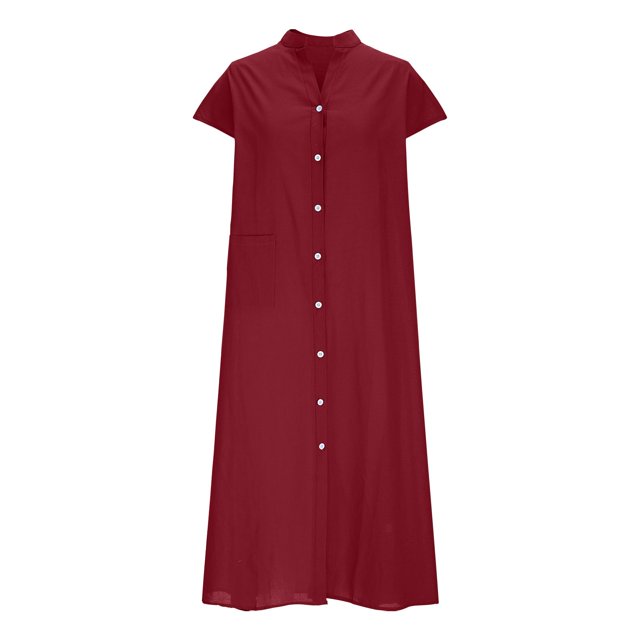 Ovzne Robes Grande Taille pour Femmes aux Formes Robe d'Été Mode Femmes Été Boutonnée Décontractée Unie Col en V Manches Courtes Robe Grande Taille Liquidation