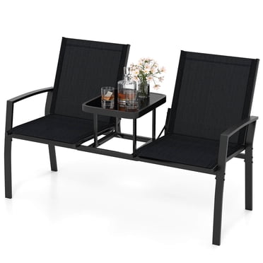 Costway Causeuse de Patio avec Table Intégrée, Dossier et Assise en Tissu Respirant, Cadre en Métal Noir