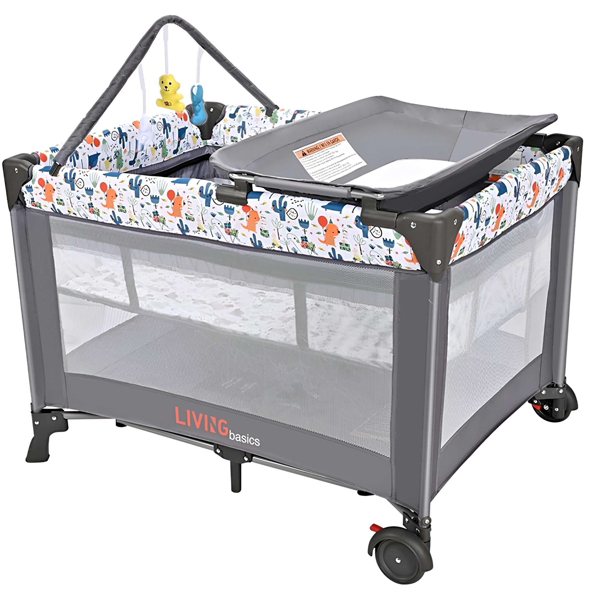 Portable Baby Playard, Foldable Travel Playard with Bassinet, Changing Table and Hanging Toys, Baby Playpen Infant Crib Bed, Grey