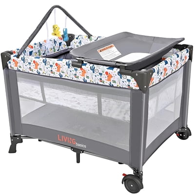 Portable Baby Playard, Foldable Travel Playard with Bassinet, Changing Table and Hanging Toys, Baby Playpen Infant Crib Bed, Grey