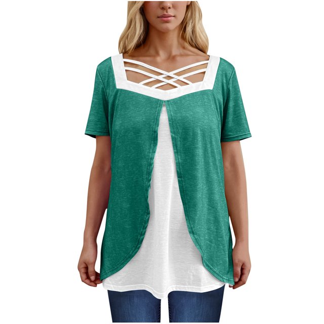 Timegard Hauts d'Été pour Femmes Grande Taille Col Carré en V Croisé Manches Courtes Décontracté Confortable Blouse