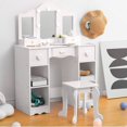 thumbnail image 1 of Kids Vanity Table Set with Light, Tri-Folding Mirror, 5 Drawers and Square Stool, Wood Makeup Desk Dressing Table with Open Storage Shelves and Detachable Top, 1 of 1