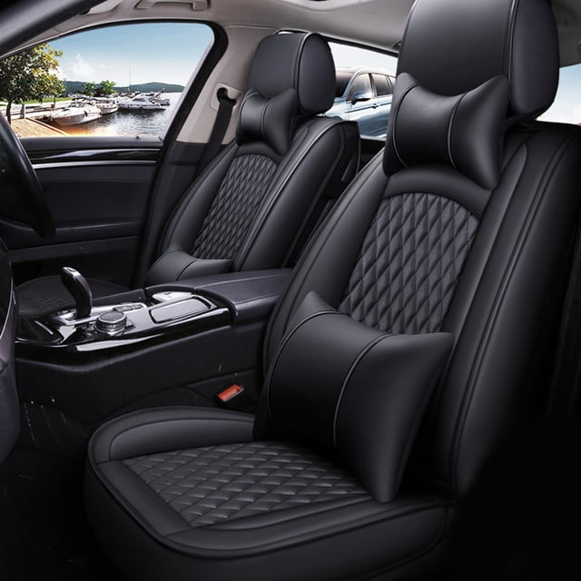 Maidao Car Seat Covers Leather Full Set for Buick for Lucerne 2006-2011 5 Seats Compatible Airbag Waterproof Front Rear Cushion Protector with Headrest Black
