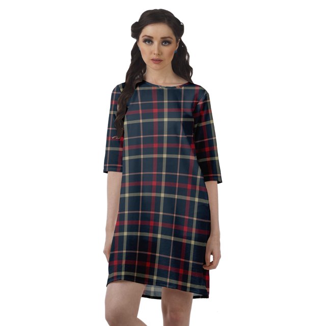 Moomaya Robe d'Hiver Imprimée à Manches 3/4 pour Femmes, Col Rond, Courte, Évasée