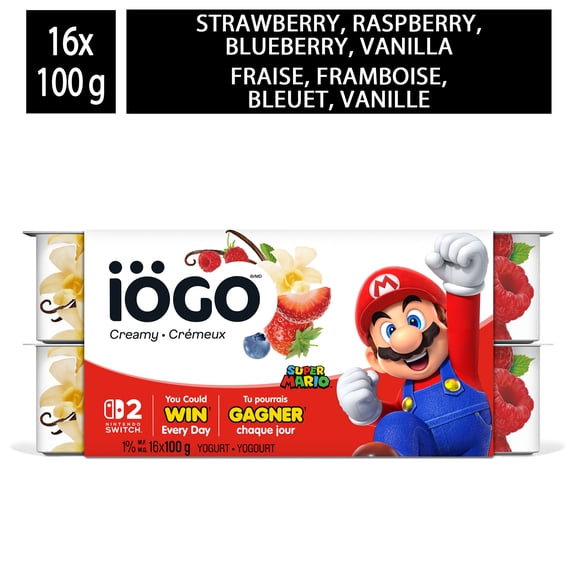iOGO Fraise, Framboise, Bleuet, Vanille Coupes de Yogourt 1.5 %, 16x100g