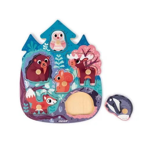 Janod Happy Forest Wood Peg Puzzle - 6 Pieces - Ages 18 Months+