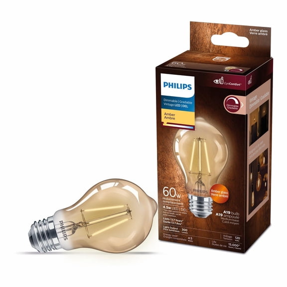 Philips DEL Ampoule A19, culot moyen (E26), style vintage, verre ambre