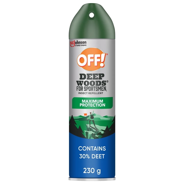 OFF! Deep Woods Sportsmen 30% Deet Insect Repellent aerosol spray can with green cap and silver body featuring a hiker graphic, providing maximum protection and containing 230 g, suitable for outdoor activities like camping and hiking.