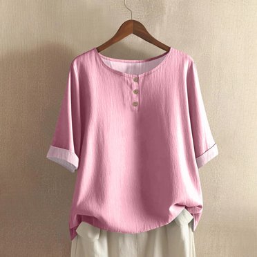 T-shirt à Boutons Décontracté pour Femme, Coupe Ample, Confortable, Couleur Unie, Col Ras du Cou, pour Tous les Jours, Tissu Doux et Respirant, Manches Courtes, Chandails de Sport, Hauts Actifs pour Femmes, T-Shirts Fins pour Femmes, Moyen