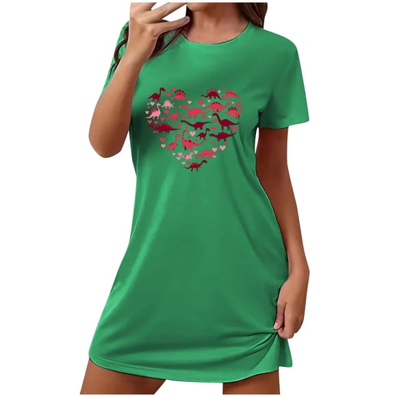 Vintage Nightgown Women's Soft and Breathable Sleep Shirt Short Sleeves Nightgown Sleepwear Night Shirt Casual Heart Print Sleepdress T-Shirt Loungewear Pajamas Dress Green XXL