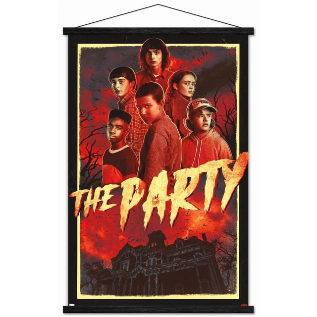 Netflix Stranger Things : Saison 4 - l'Affiche Murale de la Fête avec Cadre Magnétique, 22,375 Po x 34 Po, Représentant six Personnages contre un Ciel Rouge Ardent avec des Chauves-Souris et des Arbres Stériles, Texte Jaune Audacieux « la Fête » au Centre, et un Manoir Victorien Sombre au Bas, Imprimé sur Papier Lustré et Encadré en Bois Magnétique Noir avec Corde Suspendue, Convient pour Décorer des Chambres, des Bureaux Ou des Dortoirs.