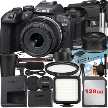 Canon EOS R10 Appareil Photo Sans Miroir avec Objectif RF-S 18-45mm + 18-150mm + Carte Mémoire 128 Go + Étui + Flash LED + Ensemble d'Accessoires ZeeTech