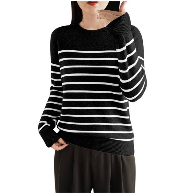 Liquidation d'Économies d'Automne Chandails Tricotés à Rayures pour Femmes, un Chandail Côtelé Noir et Blanc à Manches Longues et Col Ras du Cou. Fabriqué en polyester Léger pour le Confort et la Chaleur, Idéal pour les occasions Décontractées, le Travail Ou la Superposition en Hiver et au Printemps.