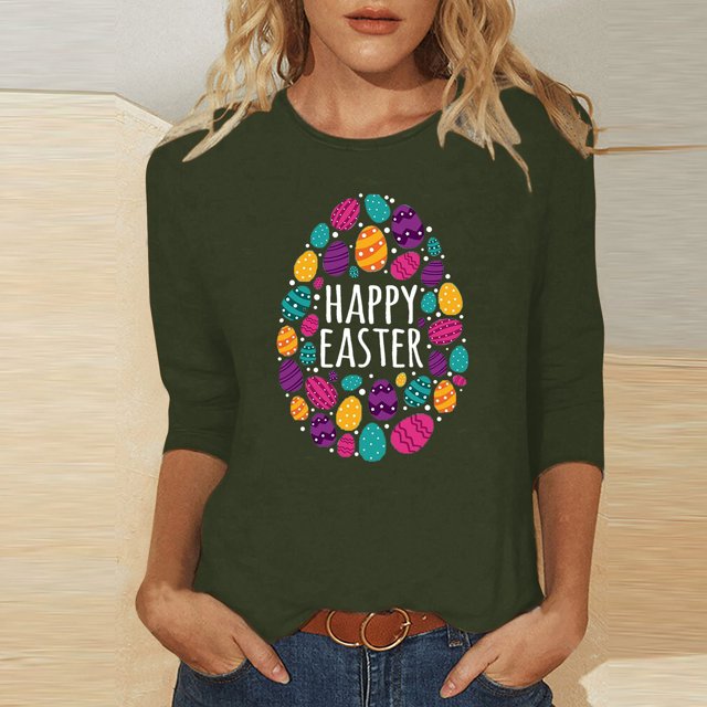 EGNMCR Easter Chemises Imprimées pour Femmes T-Shirts Graphiques pour Femmes Chemises Mode Femme Décontracté Noël Imprimé Col Rond Blouse Imprimée Manches 3/4 T-Shirt Blouses T-Shirts pour Femmes