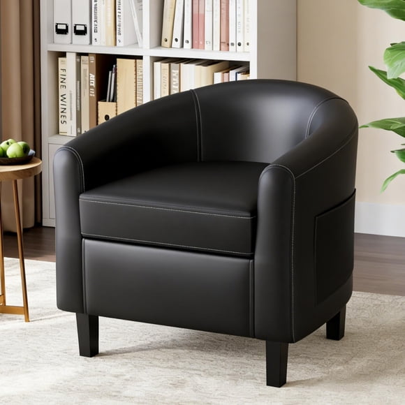 BeesClover Faux Leather Club Chair, Padded Barrel Accent Armchair for Living Room, Waiting Area, or Reading Room