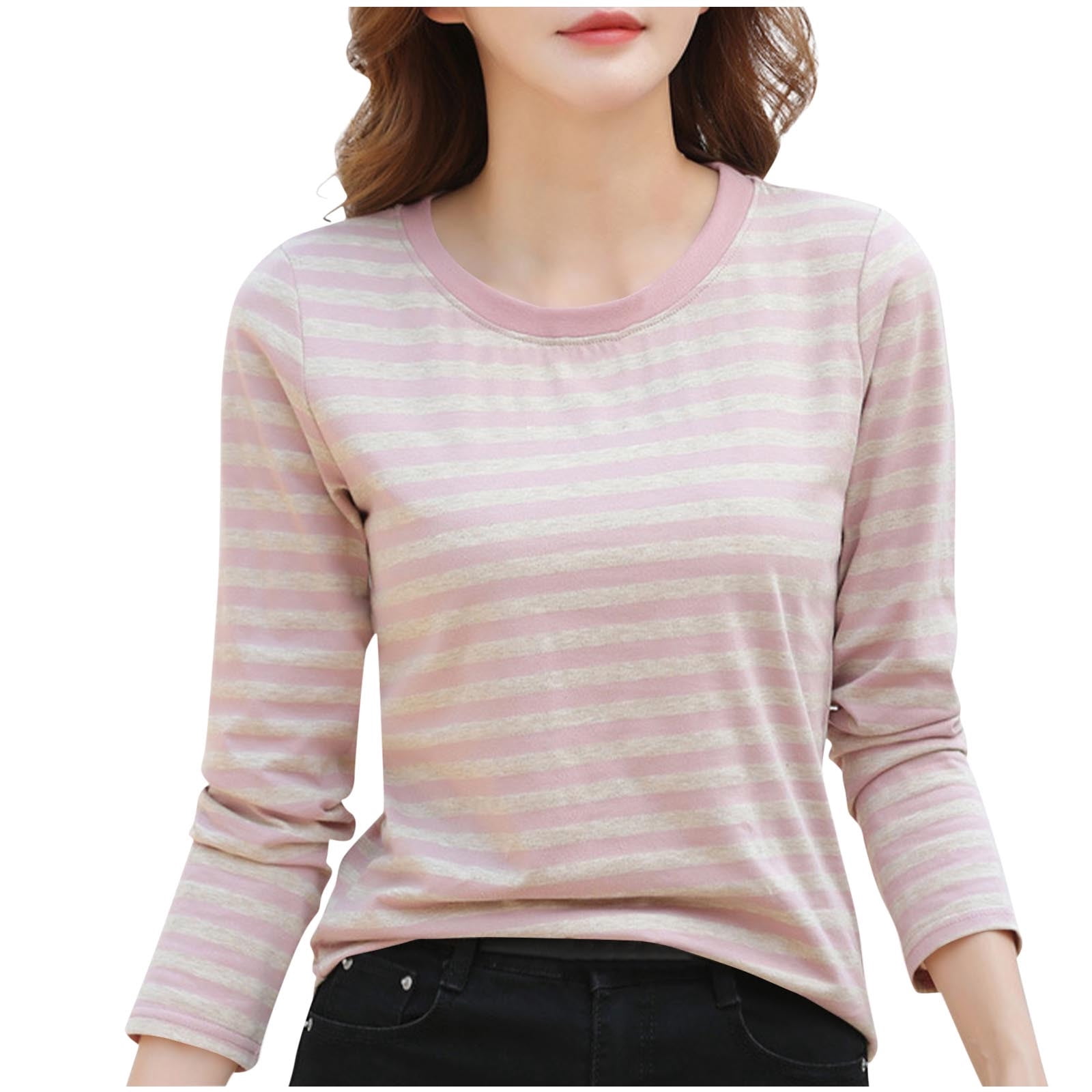 Timegard Fall Tops for Women Striped Long Sleeve Basic Tee Shirts Casual Slim Comfy Crewneck Tops