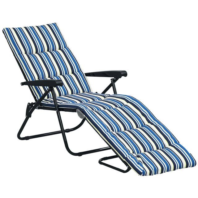 Outsunny chaise Longue Pliante avec Coussin à Rayures Bleues et Blanches, Dotée d'Un Dossier Réglable et d'Un Siège Inclinable. Cette chaise Longue portable a un Cadre en Acier Pliable avec des Patins de Protection et un Rembourrage en polyester Doux pour le Confort. Légère et Idéale pour une Utilisation Extérieure dans les Jardins, les patios, au Bord de la Piscine Ou à la Plage.