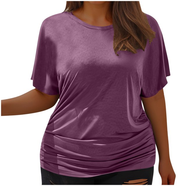 Timegard Womens Tops Plus Size Side Ruched Drop Shoulder Crewneck Short Sleeve Workout Top Comfy Casual