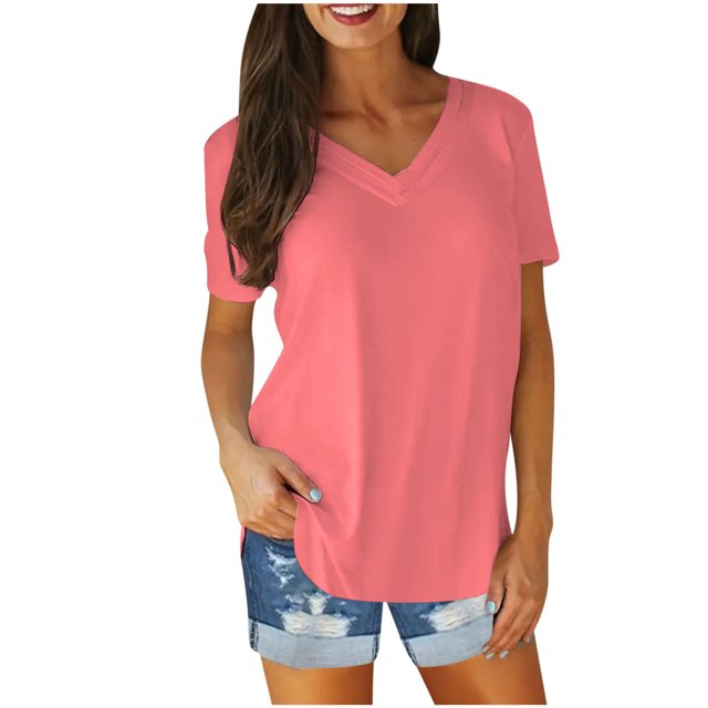 Blouses for Women Solid Color V-Neck Short Sleeve T-Shirt Blouse Tops