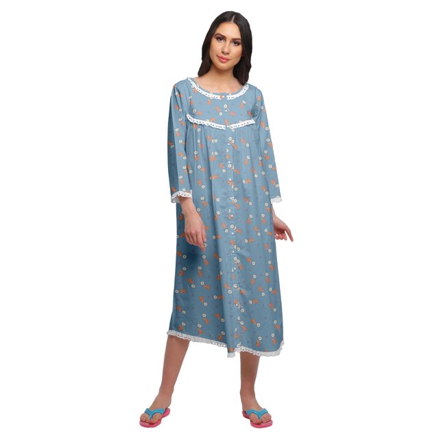 Moomaya Chemise de Nuit Boutonnée en Coton Imprimé pour Femmes, Robe de Nuit d'Allaitement