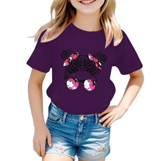 PMVFHDE T-Shirt à Manches Courtes à Col Rond pour Filles avec Imprimé de Dessin Animé Mignon, Hauts pour Enfants à la Mode et Confortables,2-Purple,7-8 Ans