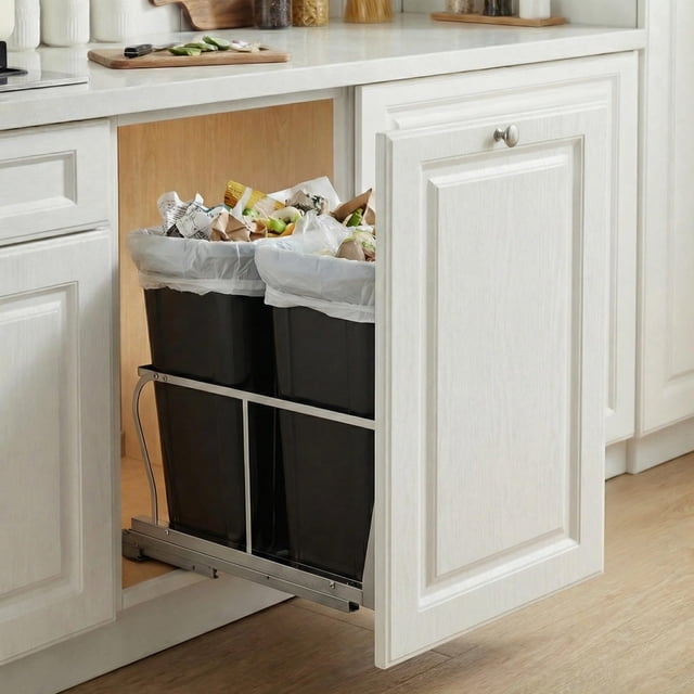 Superior Pull Out Kitchen Trash Can – Double 40 Quart, Heavy Duty 304 Stainless Steel, Soft-Close Slides, Dual Bins for Garbage & Recycling – Fits 18"W x 24"D – 304 Steel Double Bin