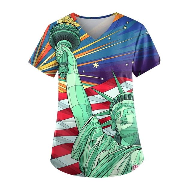 EQWLJWE Chemises pour Femmes Liquidation T-Shirts pour Femmes Independence Day Blouse Décontractée à Manches Courtes Imprimée avec Poches Uniforme