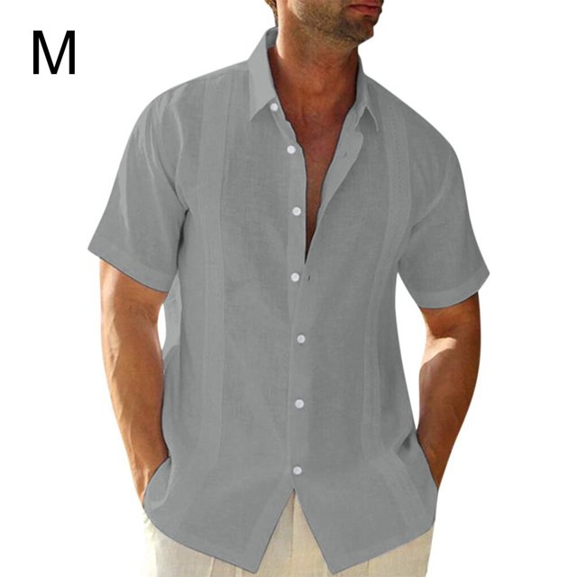 ziyahi Traveling Casual Style Men's Button Down Shirt Summer Pool Party Solid Color Simple Design Slim Fit Tops Daily Clothes Grey M