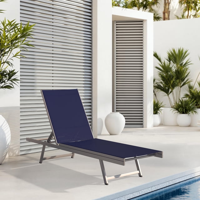 CorLiving Gallant Weather Resistant Reclining Outdoor Lounge Chair with Metal Frame and Polyester Mesh Fabric, Navy Blue