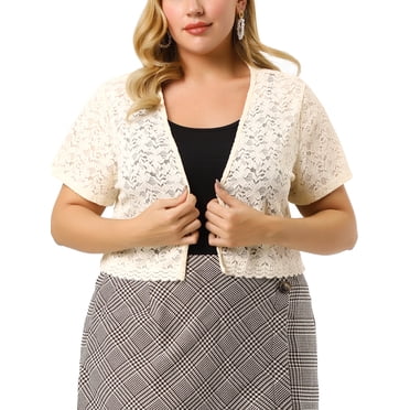 Agnes Orinda Plus Size Bolero Shrugs for Women School College Open Front Short Sleeve Crochet Lace Cropped Cardigans 2X Beige