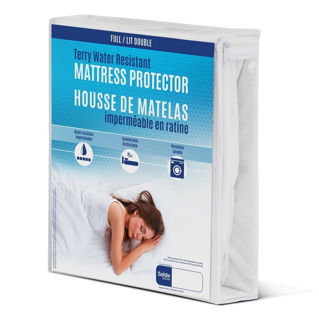 Terry Water Resistant Mattress Protector full size packaging in white with blue label, showing water resistant, comfortable, and washable features, ideal as a mattress cover for bed protection.